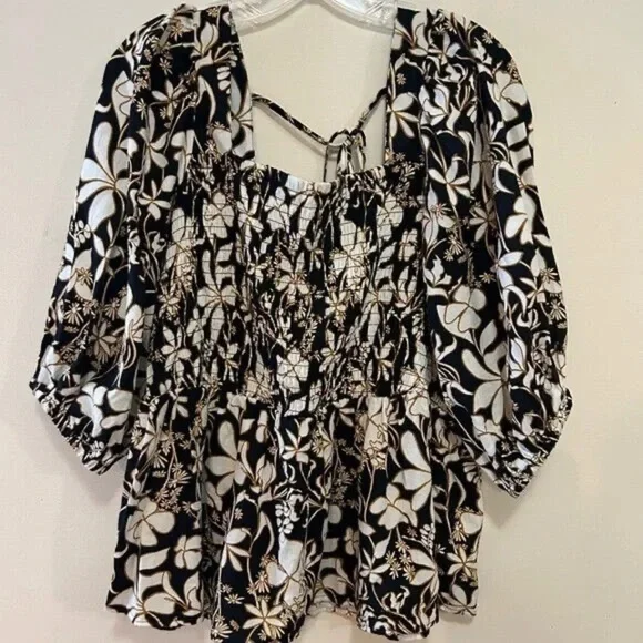 Women's Puff Elbow Sleeve Peplum T-Shirt - Ava & Viv Black Floral - Picture 7 of 7